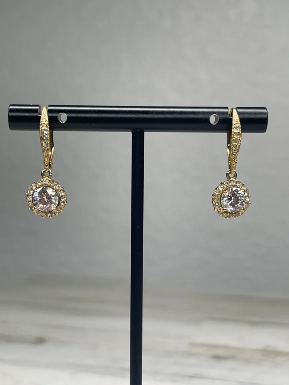 Nadri Framed Round CZ Halo Drop Earrings Gold Leverback